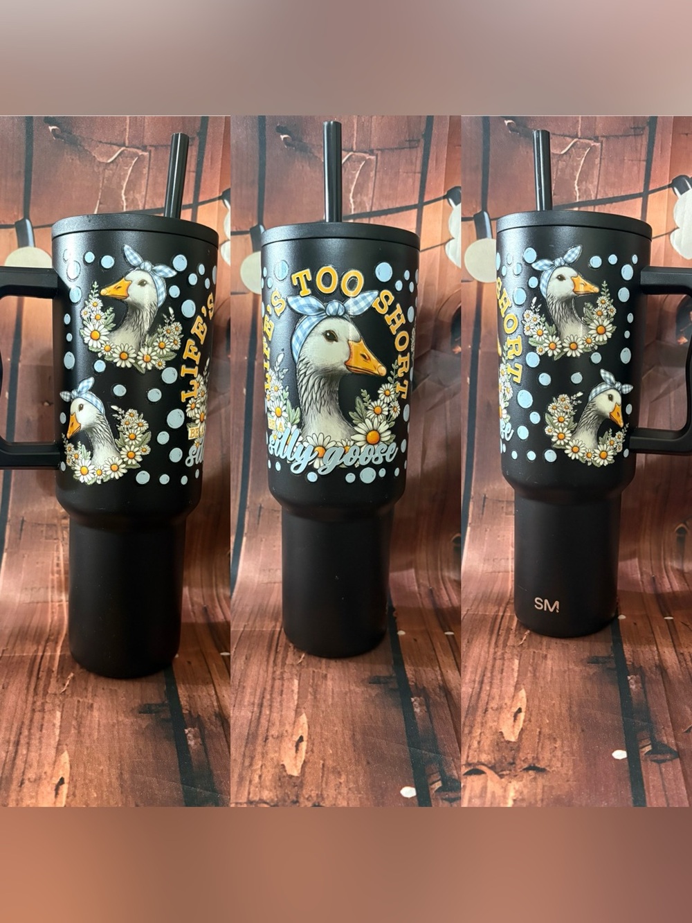 Silly Goose Black Floral Goose Travel Tumbler with Handle